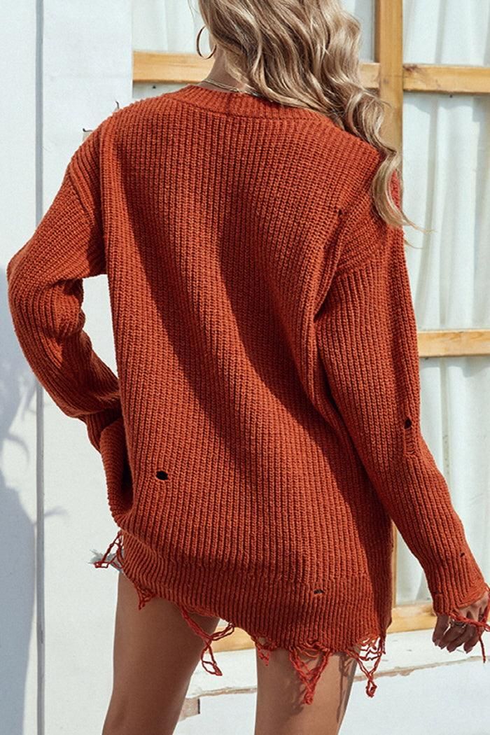 V NECK VINTAGE STYLE DRIZZLE SWEATER TOP - Doublju