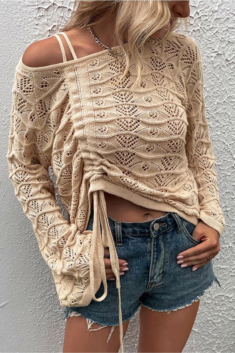 LOOSE FIT DRAWSTRING HOLLOW KNIT SWEATER - Doublju