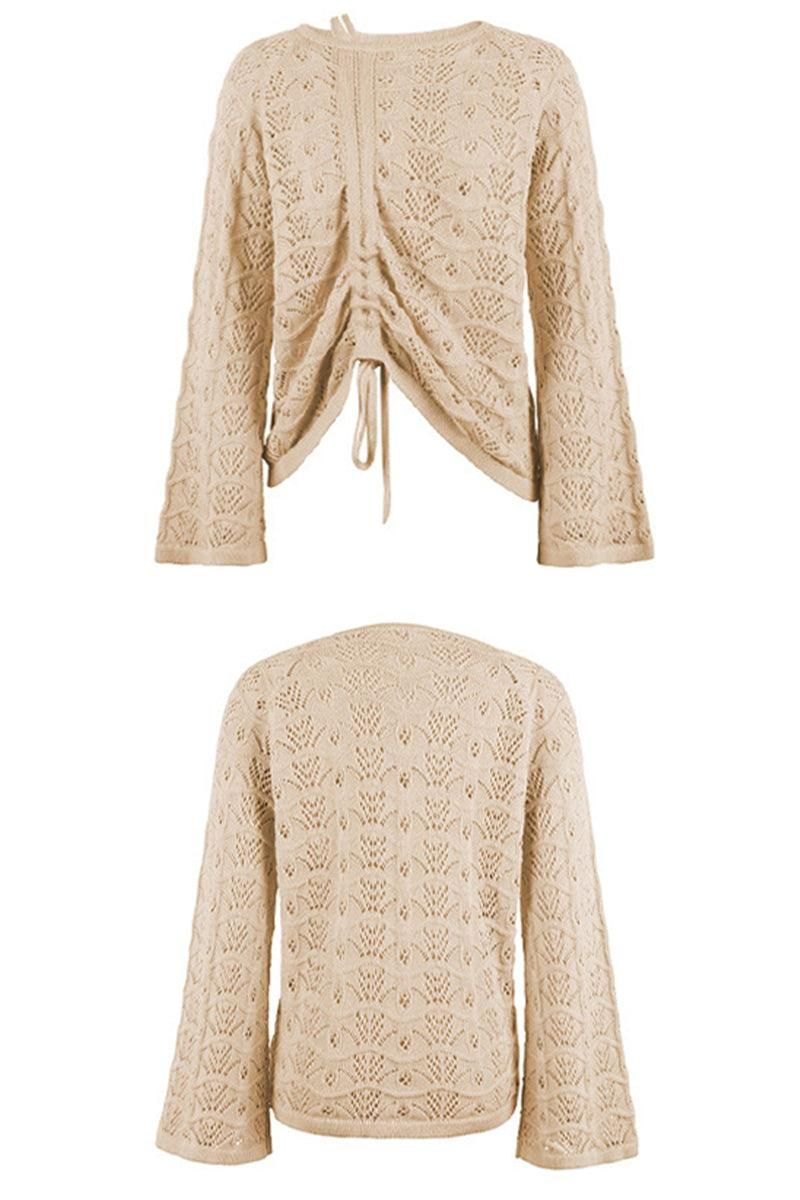 LOOSE FIT DRAWSTRING HOLLOW KNIT SWEATER - Doublju
