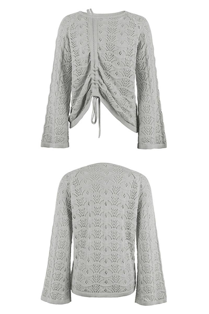 LOOSE FIT DRAWSTRING HOLLOW KNIT SWEATER - Doublju