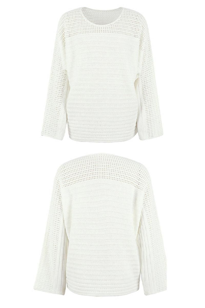LOOSE FIT HOLLOW KNIT SWEATER TOP - Doublju