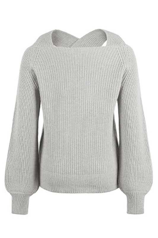 OFF SHOULDER HOLLOW KNIT CASUAL SWEATER - Doublju