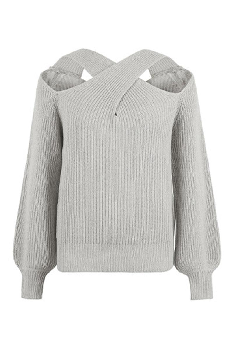 OFF SHOULDER HOLLOW KNIT CASUAL SWEATER - Doublju