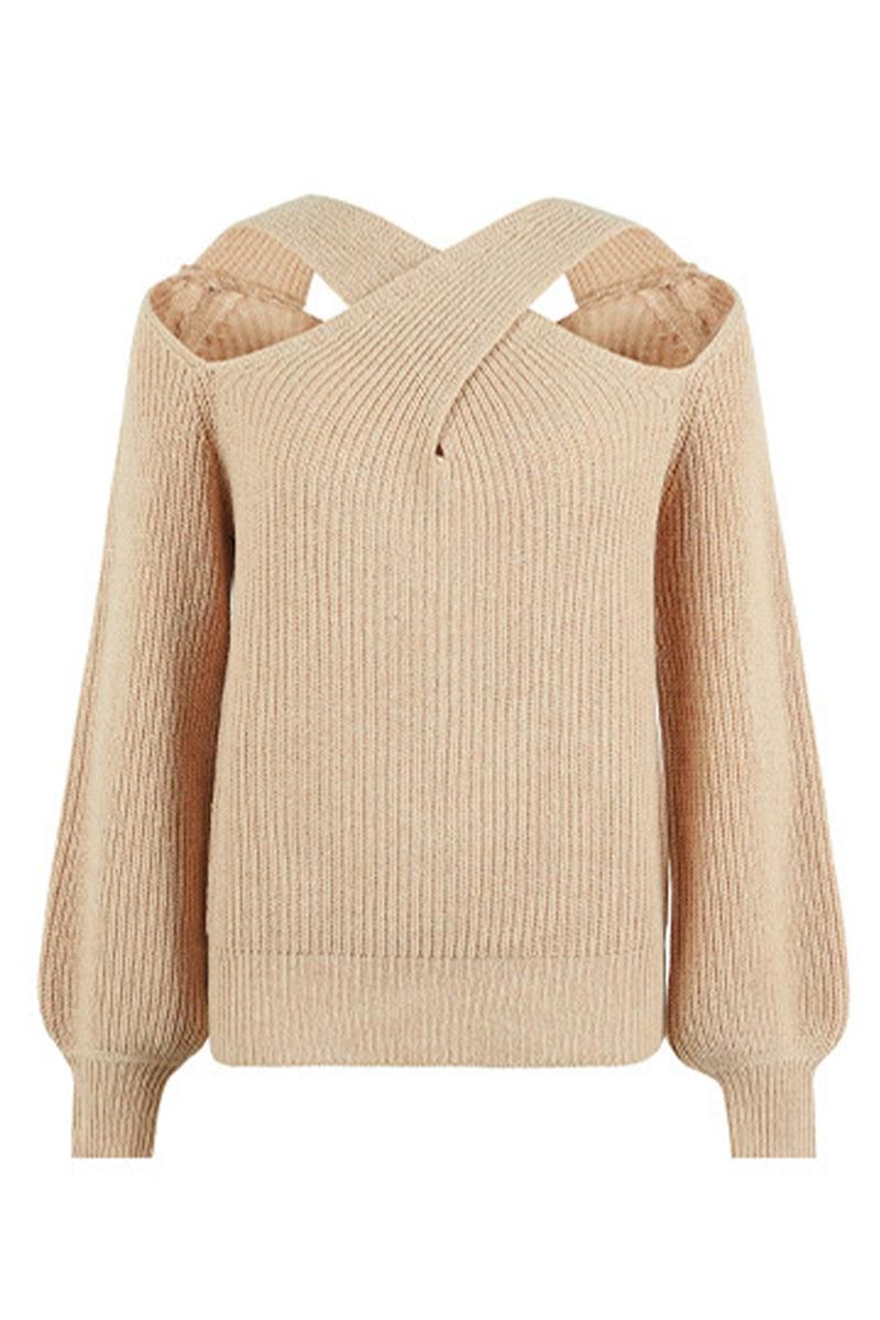 OFF SHOULDER HOLLOW KNIT CASUAL SWEATER - Doublju