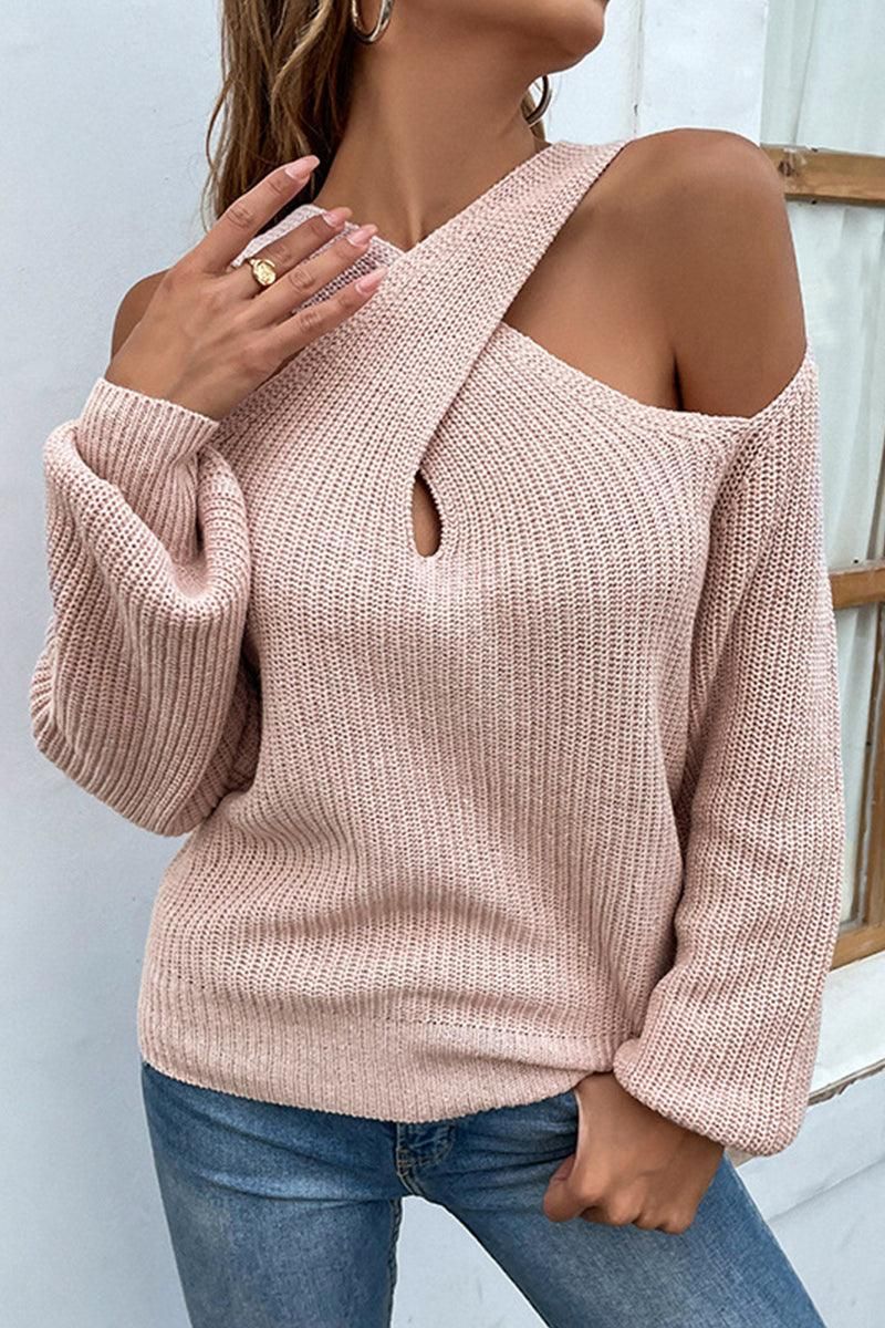OFF SHOULDER HOLLOW KNIT CASUAL SWEATER - Doublju