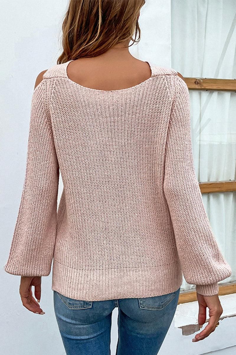 OFF SHOULDER HOLLOW KNIT CASUAL SWEATER - Doublju