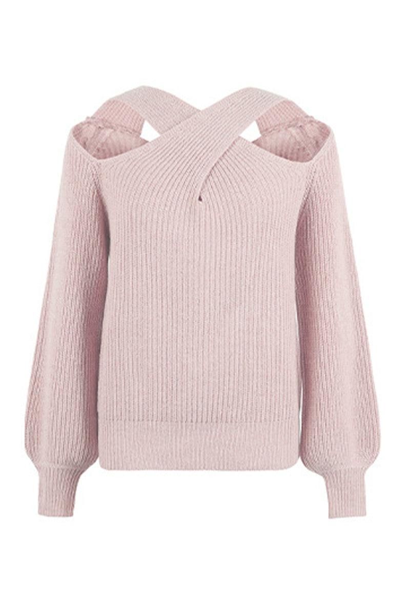 OFF SHOULDER HOLLOW KNIT CASUAL SWEATER - Doublju