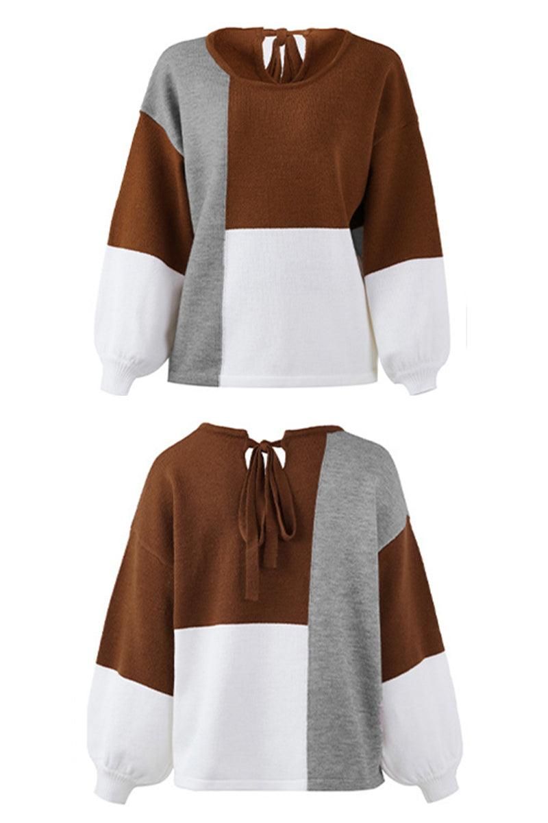 COLOR BLOCK TIED BACK SWEATER TOP - Doublju