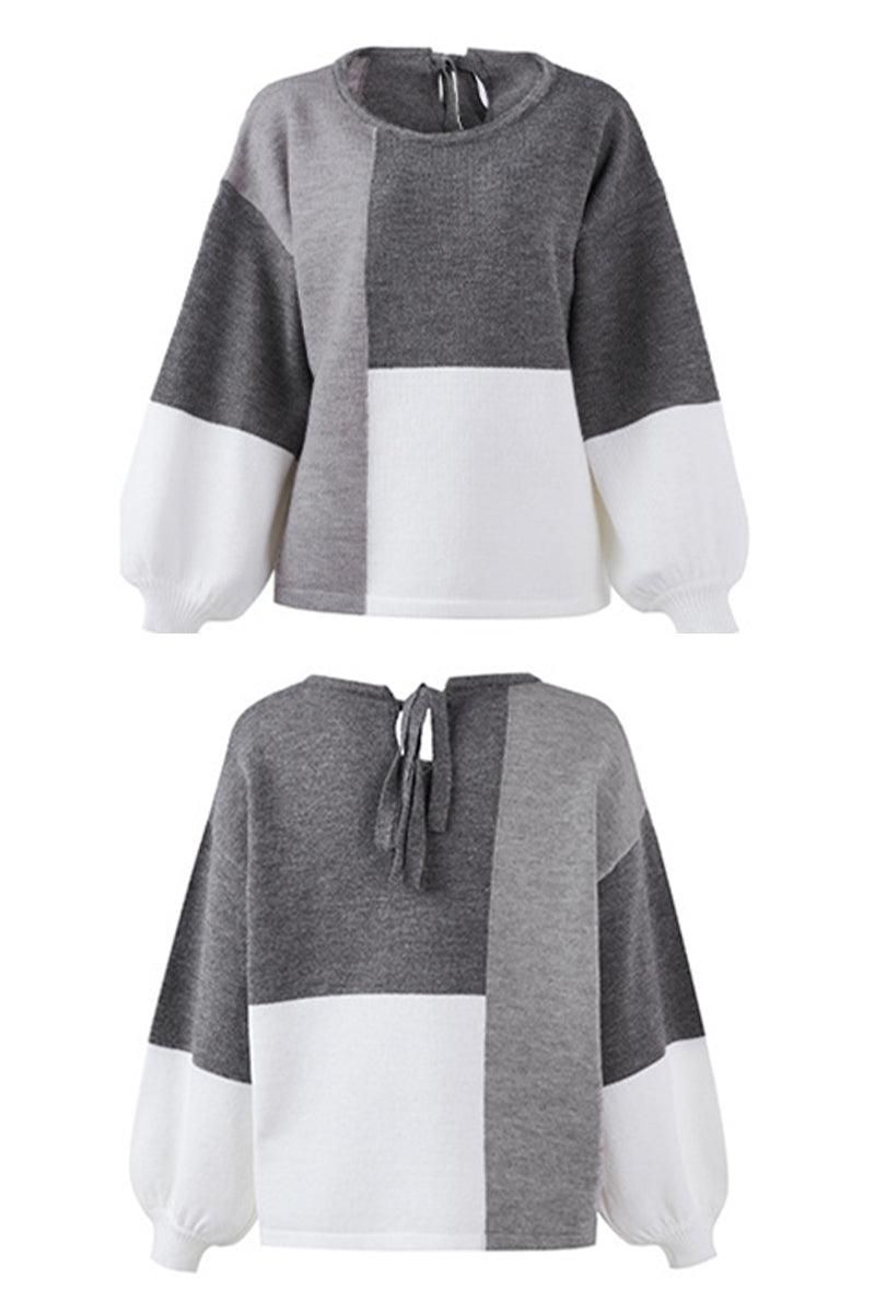 COLOR BLOCK TIED BACK SWEATER TOP - Doublju