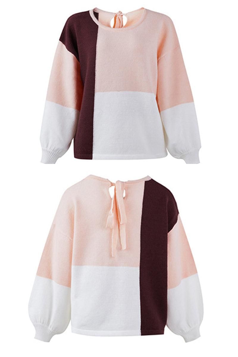 COLOR BLOCK TIED BACK SWEATER TOP - Doublju