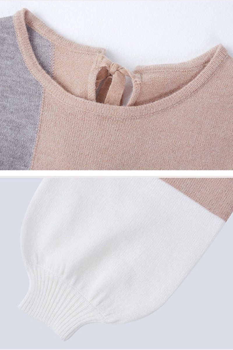 COLOR BLOCK TIED BACK SWEATER TOP - Doublju
