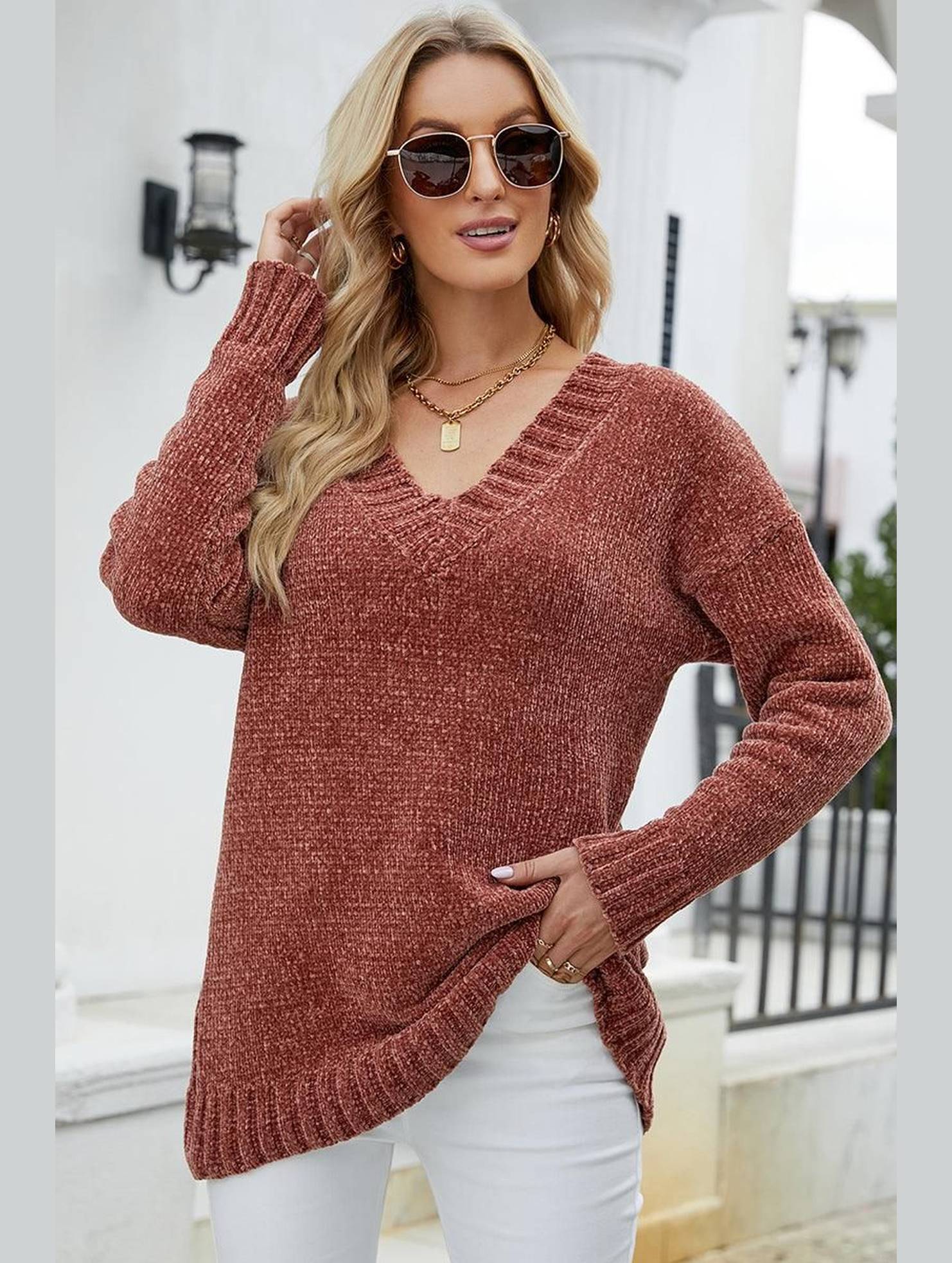 V NECK BANDING DETAILED KNIT SWEATER - Doublju