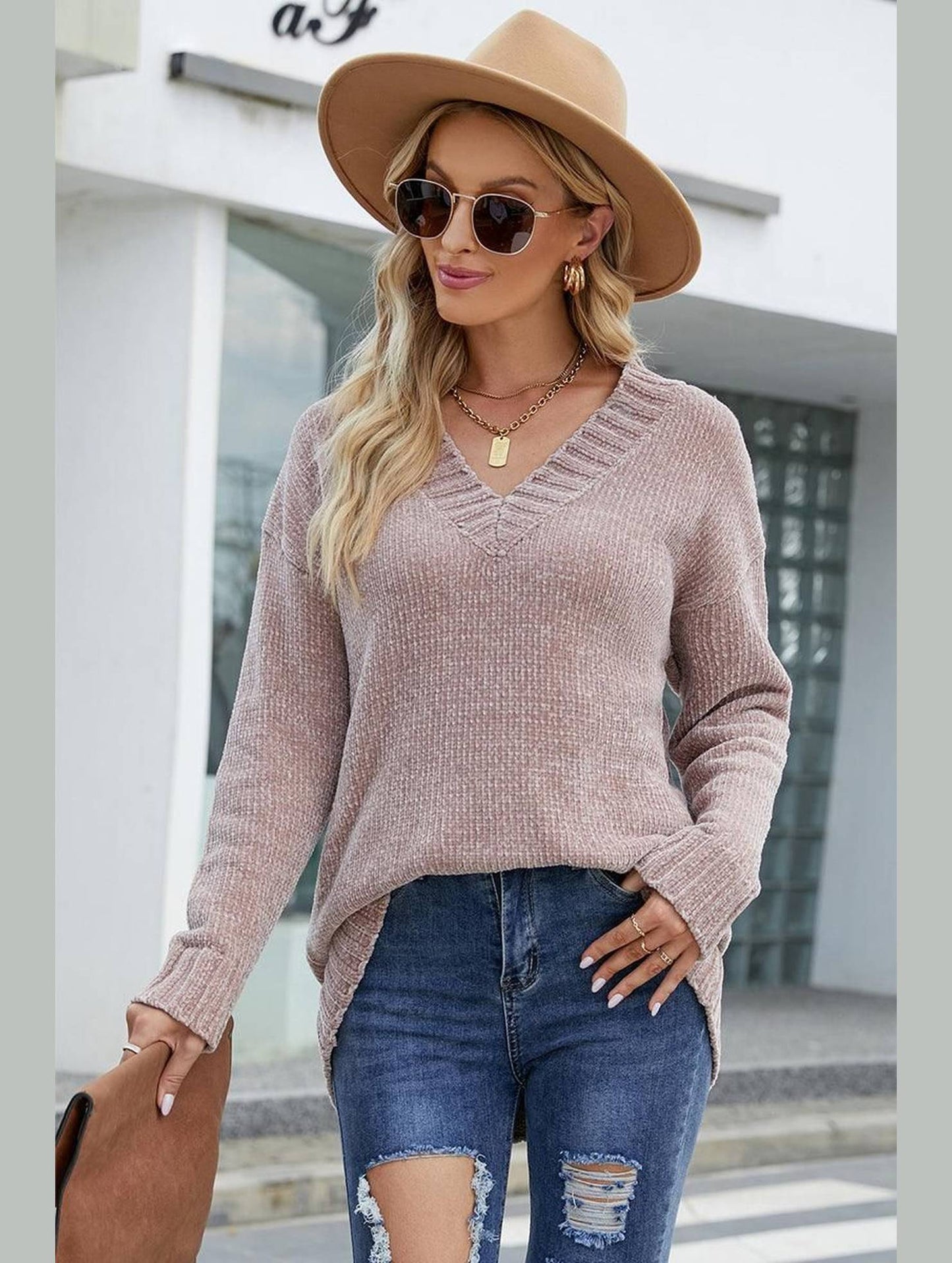 V NECK BANDING DETAILED KNIT SWEATER - Doublju