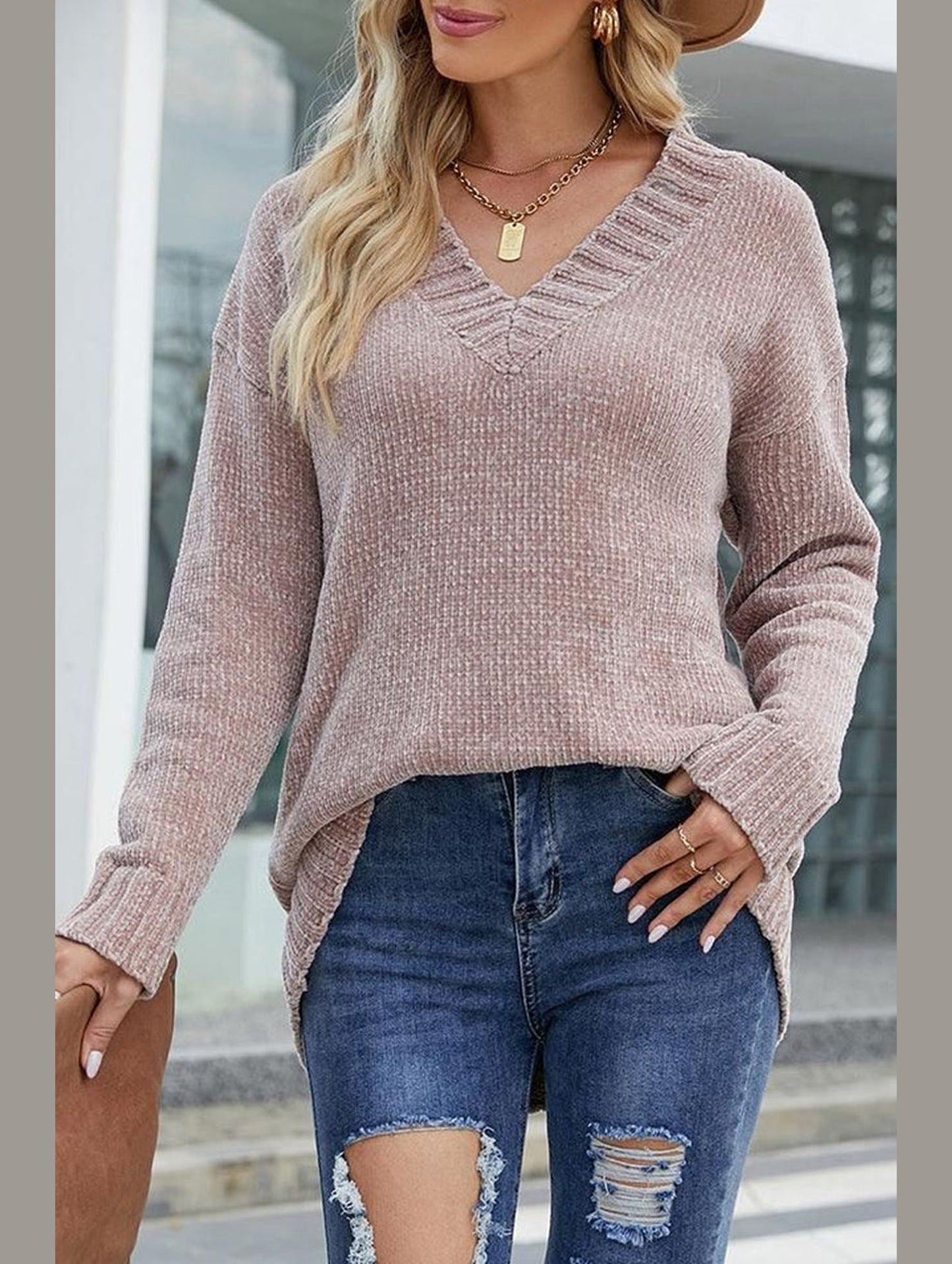 V NECK BANDING DETAILED KNIT SWEATER