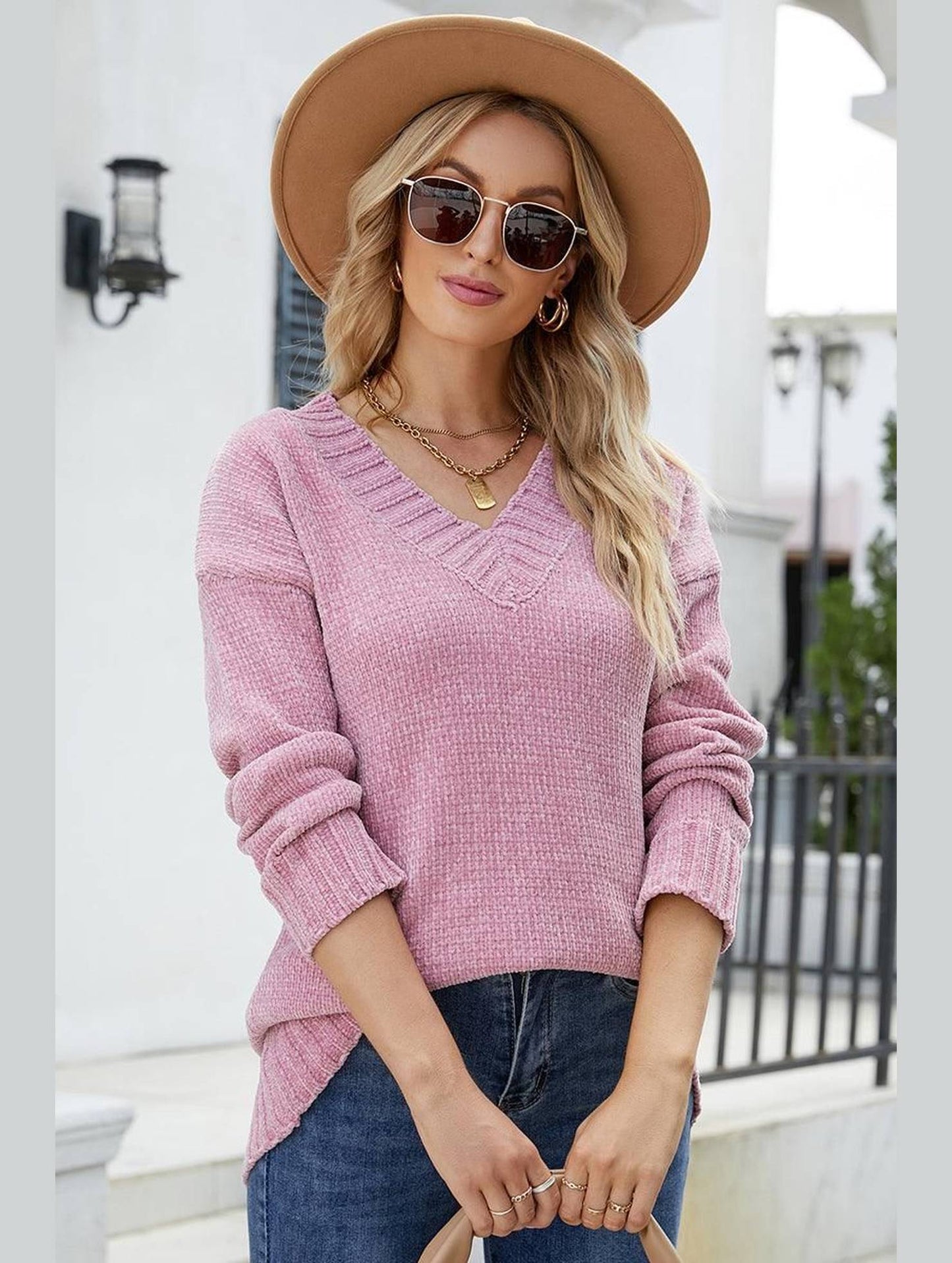 V NECK BANDING DETAILED KNIT SWEATER - Doublju