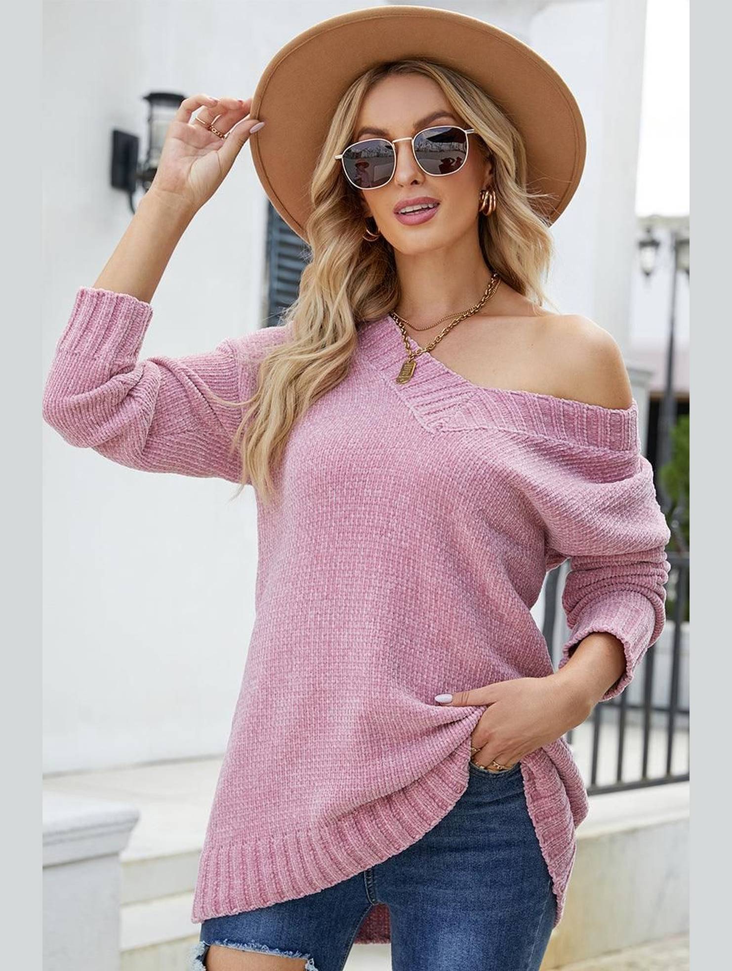 V NECK BANDING DETAILED KNIT SWEATER - Doublju