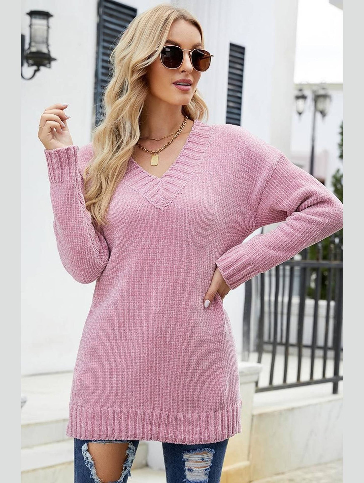V NECK BANDING DETAILED KNIT SWEATER - Doublju