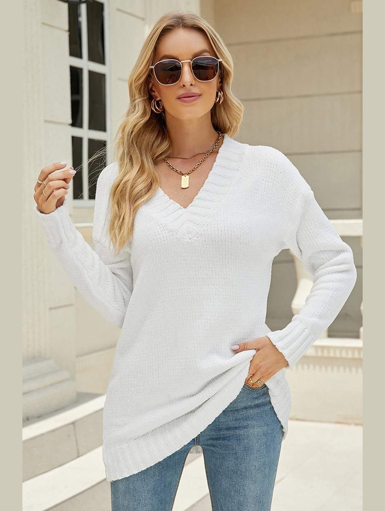 V NECK BANDING DETAILED KNIT SWEATER - Doublju