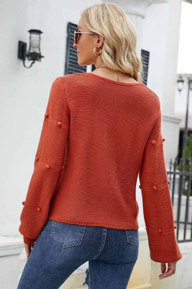 POM POM DETAILED ROUND NECK SWEATER TOP - Doublju