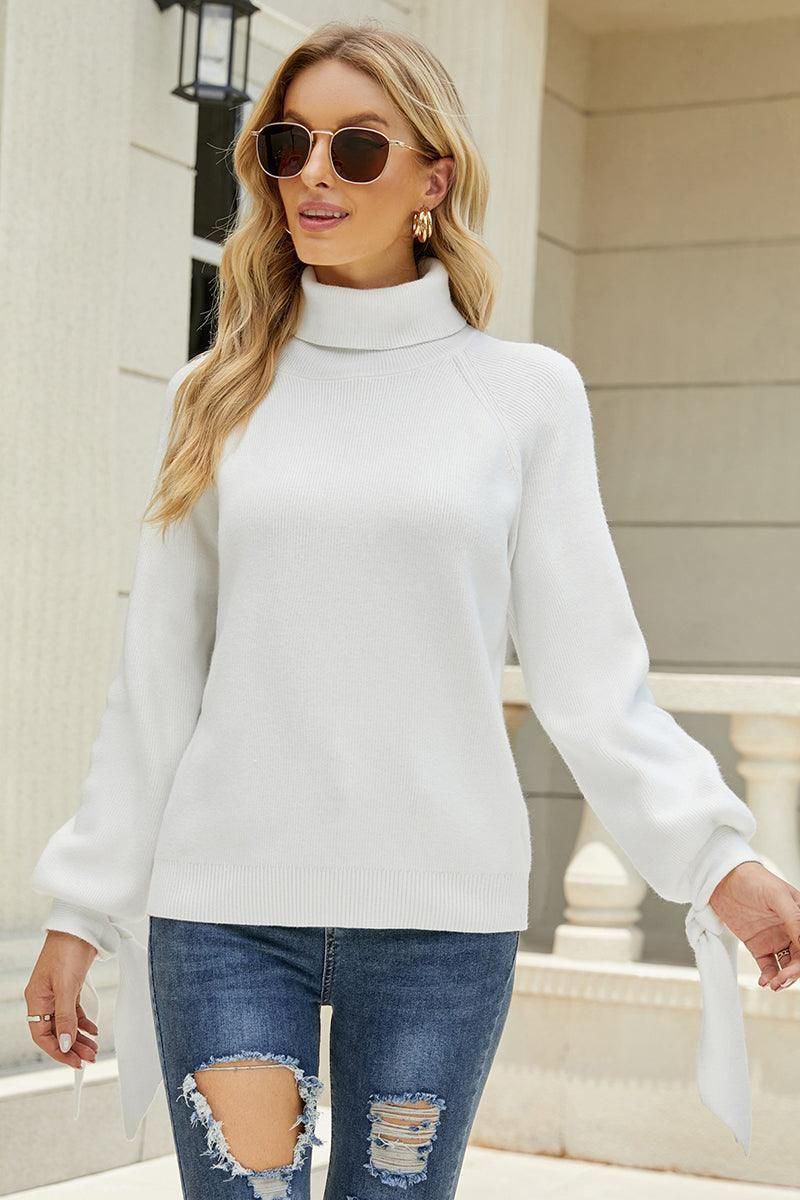 TURTLE NECK RIBBON DETAILED SLEEVE SWEATER - Doublju