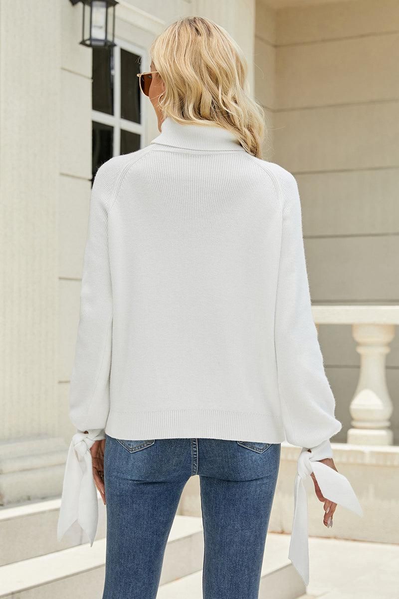TURTLE NECK RIBBON DETAILED SLEEVE SWEATER - Doublju