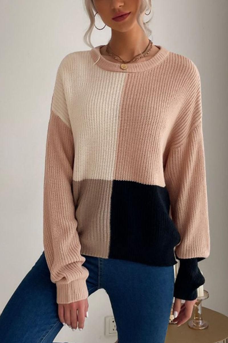 KNITTED COLOR BLOCK SIMPLE CASUAL SWEATER - Doublju