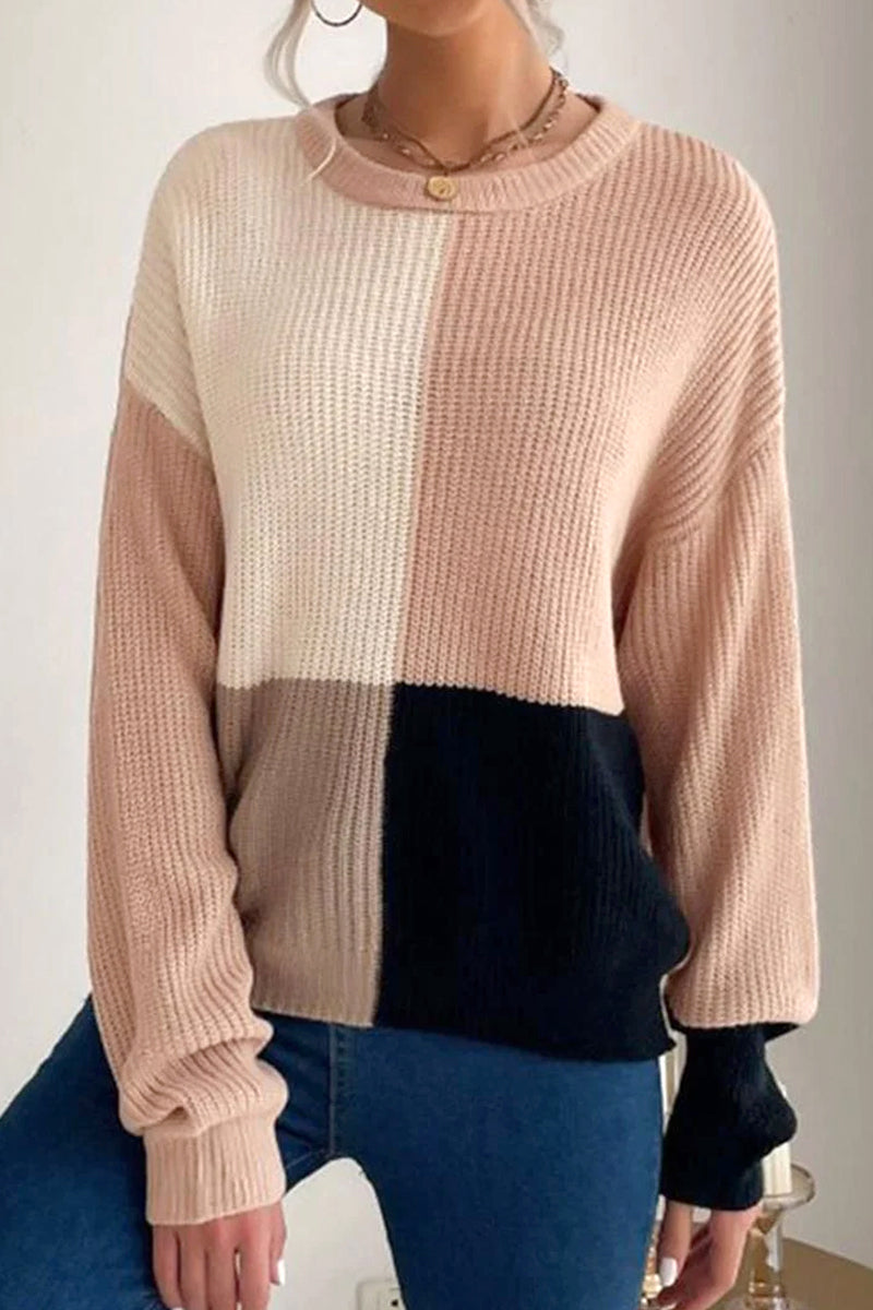 KNITTED COLOR BLOCK SIMPLE CASUAL SWEATER