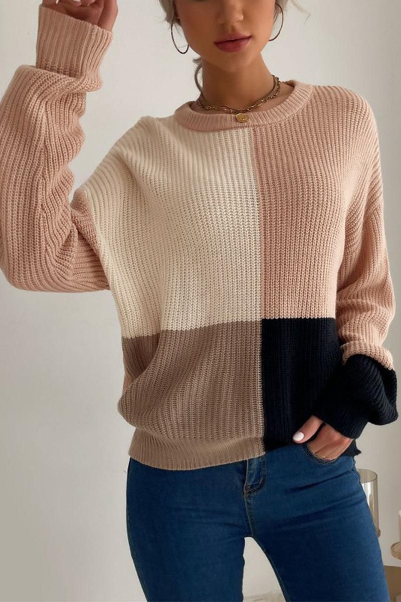 KNITTED COLOR BLOCK SIMPLE CASUAL SWEATER - Doublju