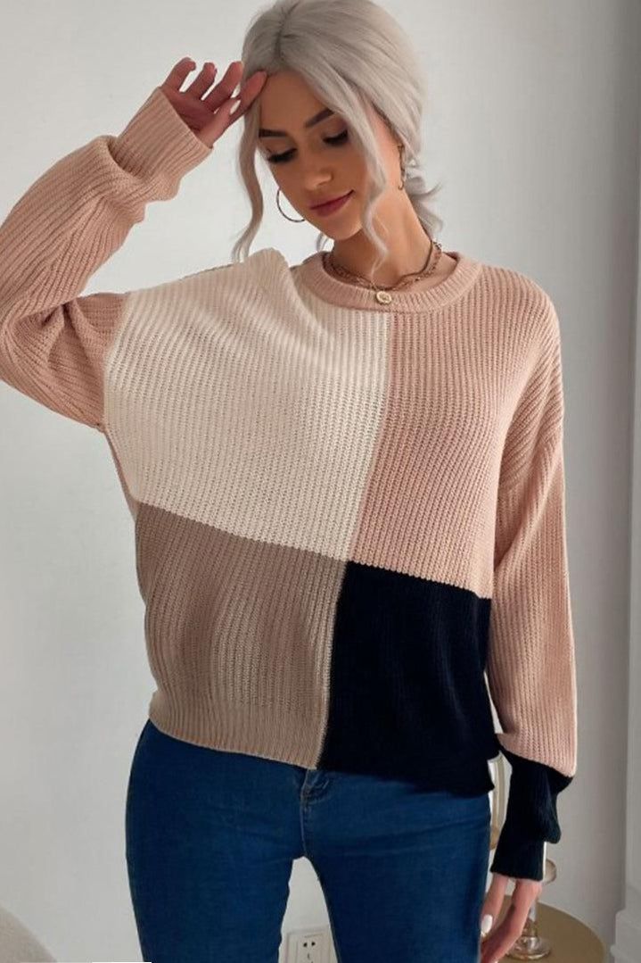 KNITTED COLOR BLOCK SIMPLE CASUAL SWEATER