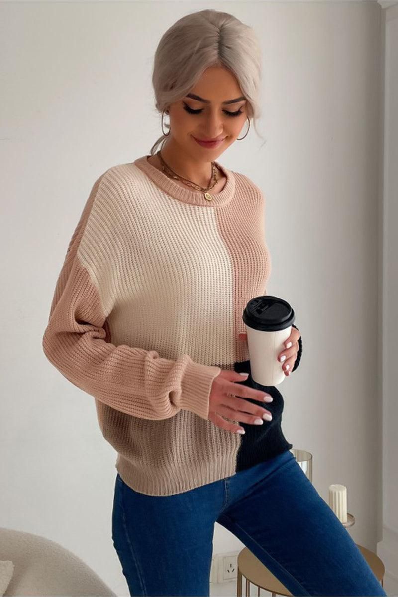 KNITTED COLOR BLOCK SIMPLE CASUAL SWEATER - Doublju