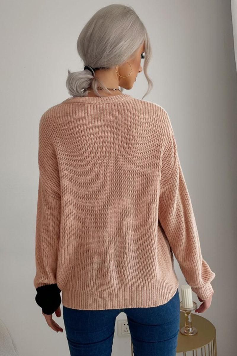 KNITTED COLOR BLOCK SIMPLE CASUAL SWEATER - Doublju