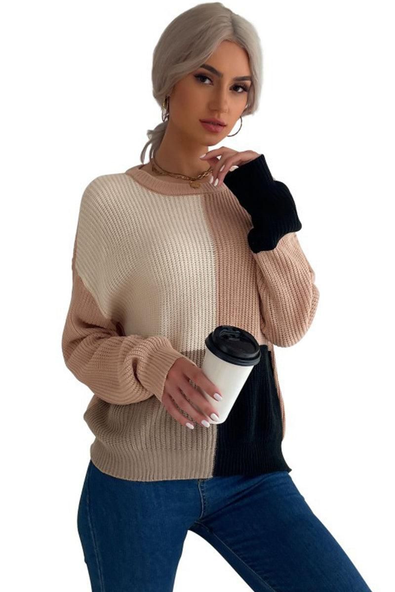 KNITTED COLOR BLOCK SIMPLE CASUAL SWEATER - Doublju