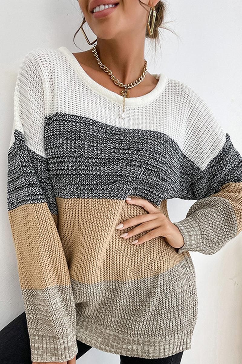 LOOSE FIT COLOR BLOCK KNIT SWEATER - Doublju