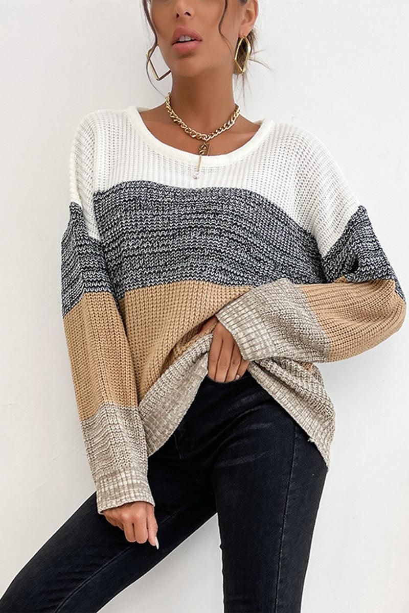 LOOSE FIT COLOR BLOCK KNIT SWEATER - Doublju