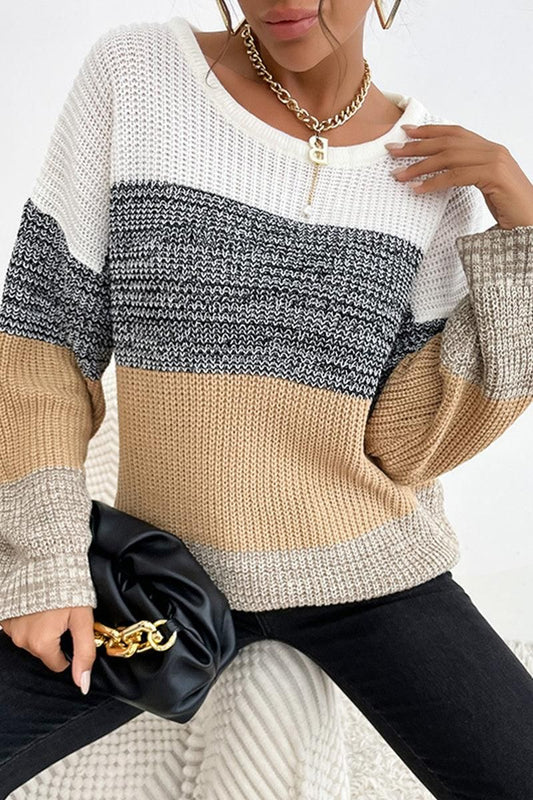 LOOSE FIT COLOR BLOCK KNIT SWEATER - Doublju