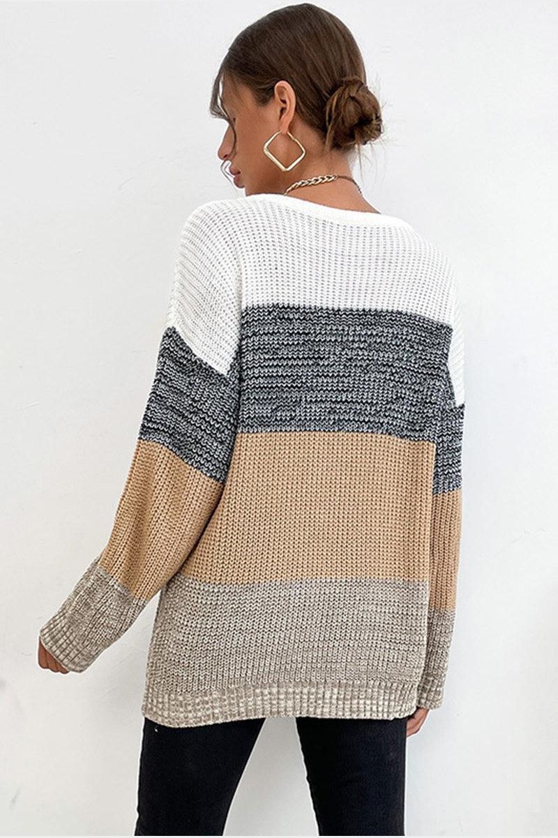 LOOSE FIT COLOR BLOCK KNIT SWEATER - Doublju