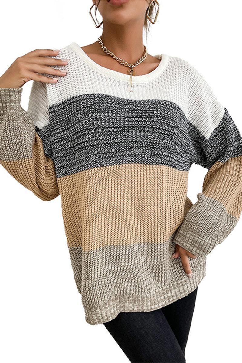 LOOSE FIT COLOR BLOCK KNIT SWEATER - Doublju