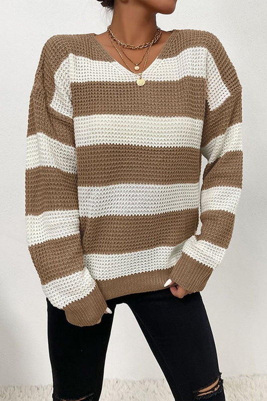 CASUAL STRIPE WAFFLE KNIT SWEATER - Doublju