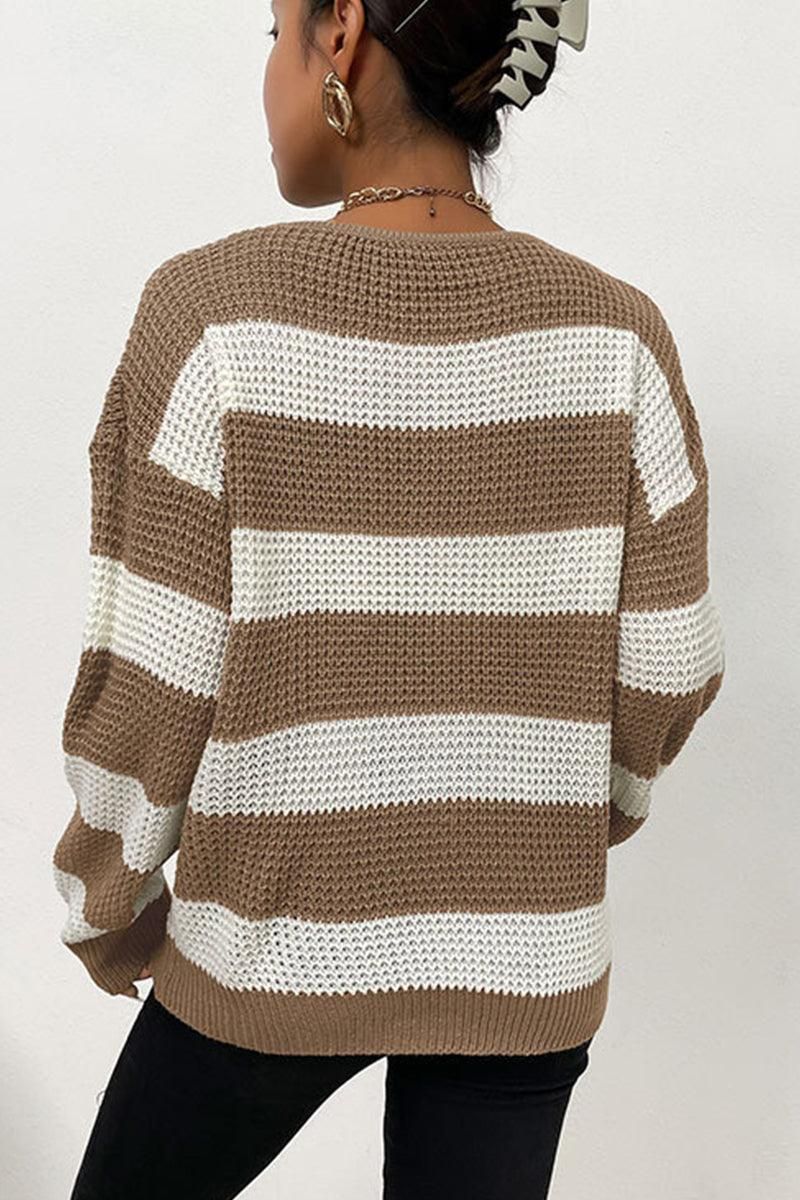 CASUAL STRIPE WAFFLE KNIT SWEATER - Doublju