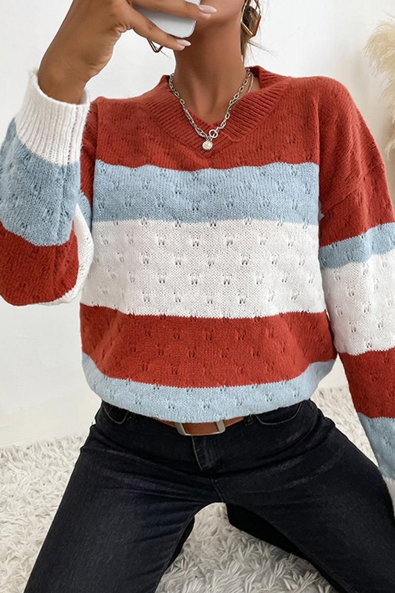 PATTERN KNIT STRIPE CASUAL SWEATER TOP - Doublju