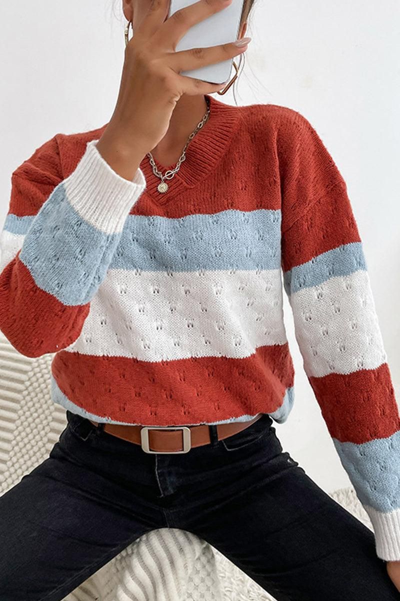 PATTERN KNIT STRIPE CASUAL SWEATER TOP - Doublju