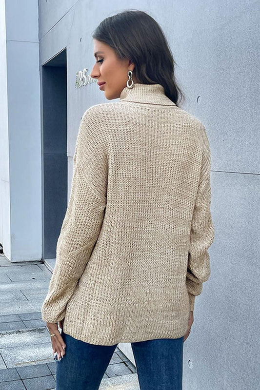 TURTLE NECK KNIT LONG SLEEVE SWEATER - Doublju