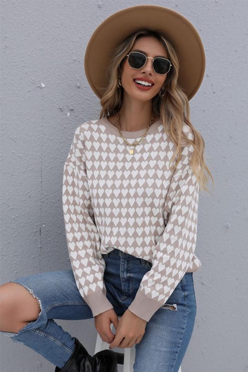HEART PATTERN PRINTING LONG SLEEVE CASUAL TOP - Doublju