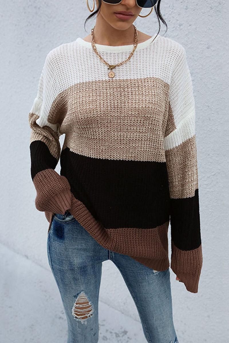 LOOSE FIT COLOR BLOCK KNITTED SWEATER - Doublju
