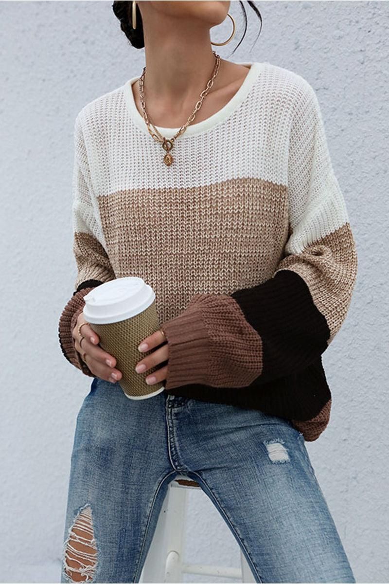 LOOSE FIT COLOR BLOCK KNITTED SWEATER - Doublju
