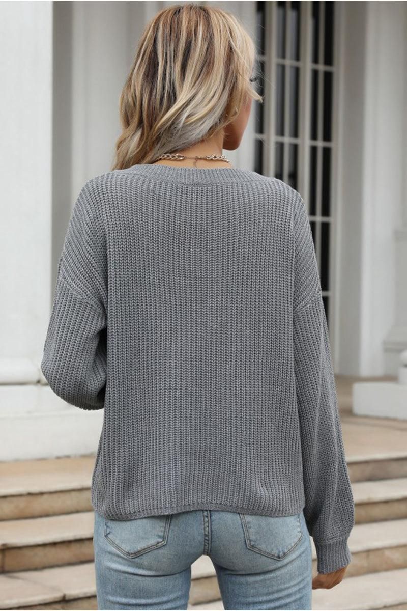 LOOSE FIT V NECK KNIT CASUAL SWEATER - Doublju