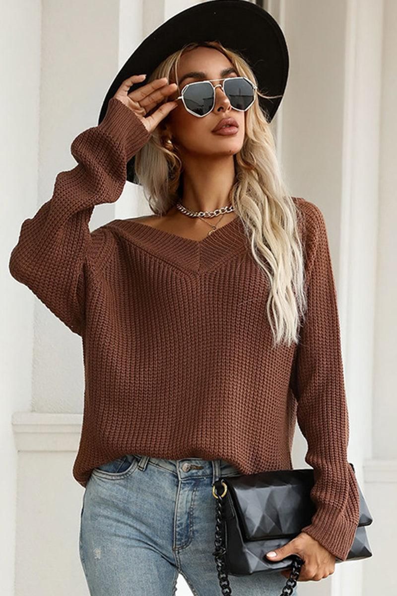 RIBBED V NECK LONG SLEEVE COZY SWEATER - Doublju