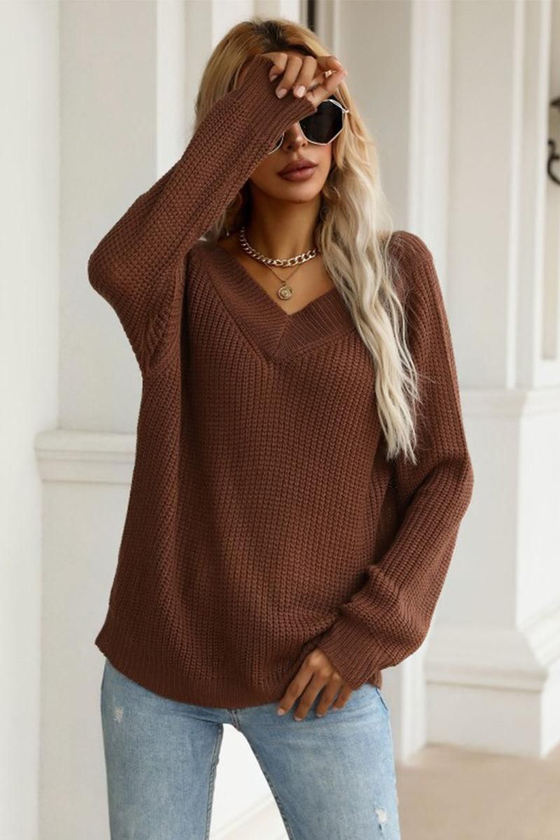 RIBBED V NECK LONG SLEEVE COZY SWEATER - Doublju