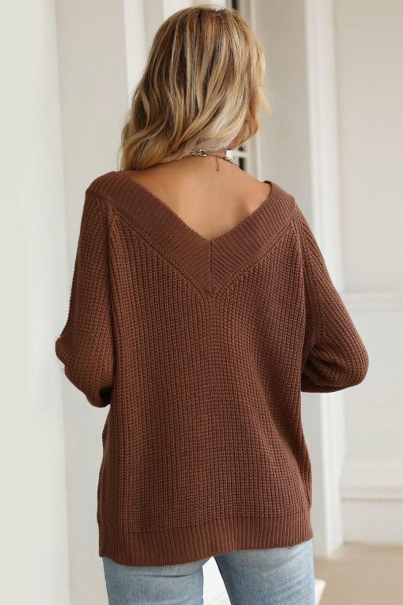 RIBBED V NECK LONG SLEEVE COZY SWEATER - Doublju