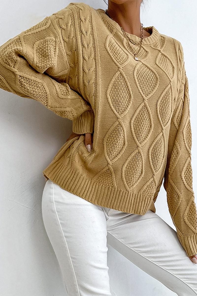TWIST CABLE KNIT RIBBED NECK DAILY SWEATER - Doublju